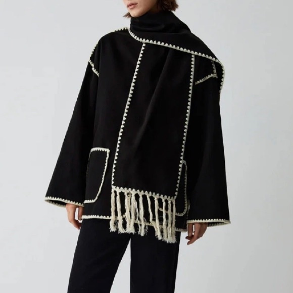 Commense Jackets & Blazers - Commense Contrast Trim Jacket With Matching Scarf Black Super Soft Coat Size L